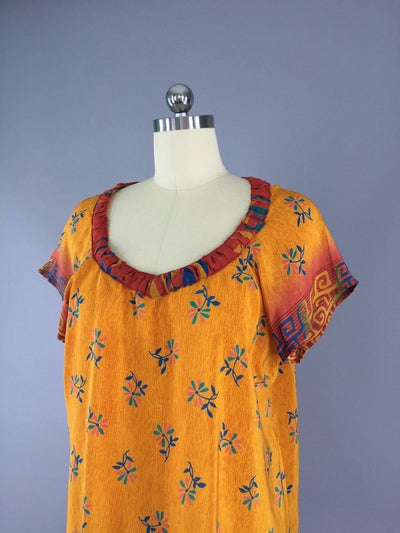 Yellow Floral Print Silk Crepe Blouse made from a Vintage Indian Silk Sari - ThisBlueBird