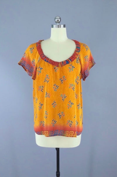 Yellow Floral Print Silk Crepe Blouse made from a Vintage Indian Silk Sari-ThisBlueBird