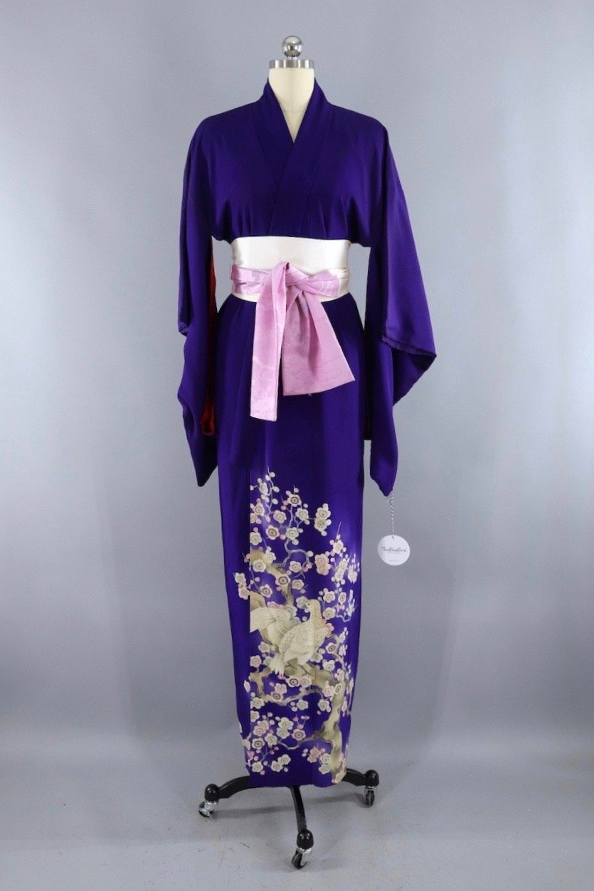 Antique 1900s Silk Kimono Robe in Royal Purple with White Doves