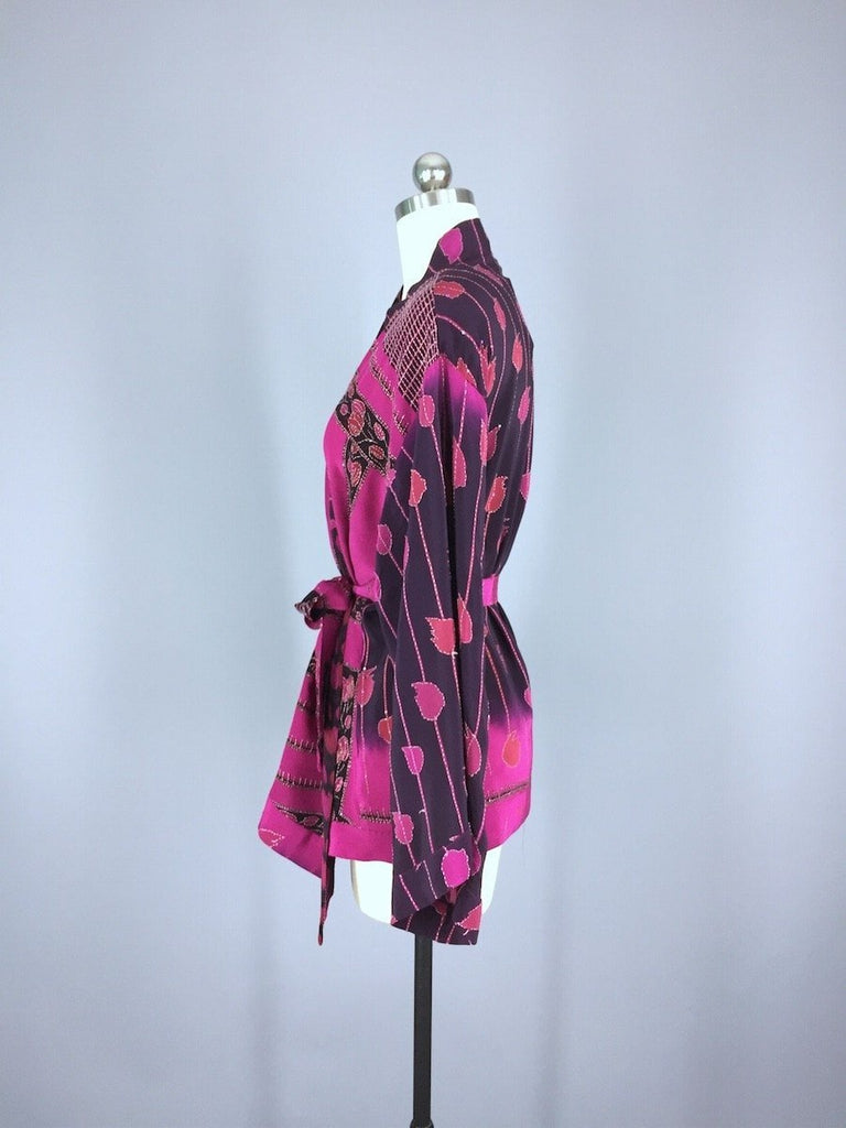 Silk Kimono Jacket / Vintage Indian Sari / Pink Floral Embroidered Kimono - ThisBlueBird