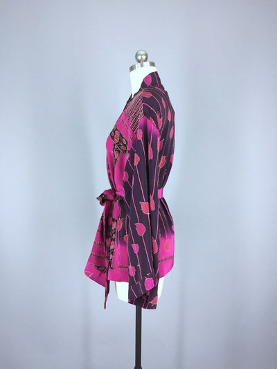 Silk Kimono Jacket / Vintage Indian Sari / Pink Floral Embroidered Kimono - ThisBlueBird