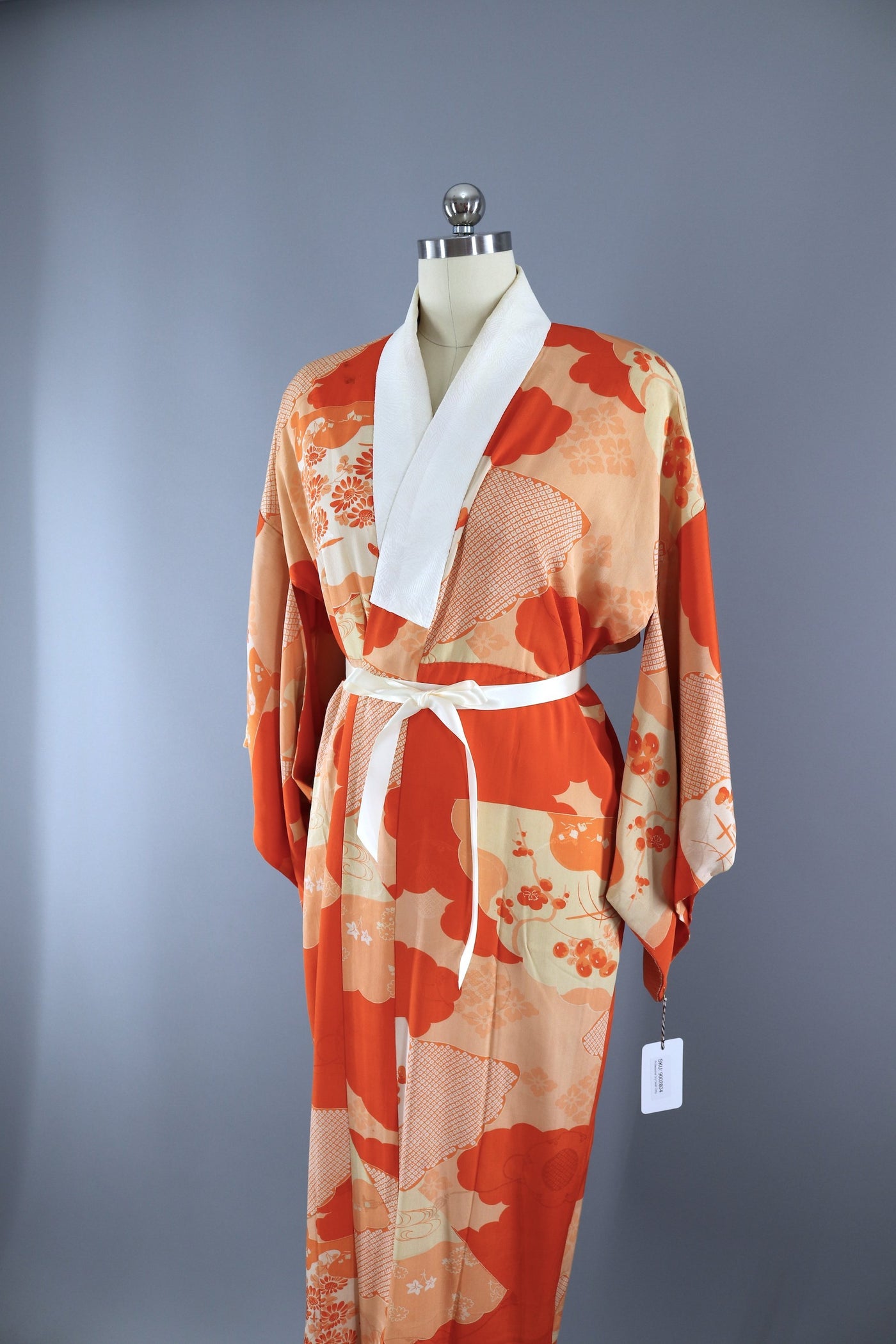 Vintage 1920s 1930s Silk Kimono Robe / Orange Fans Floral Print - ThisBlueBird