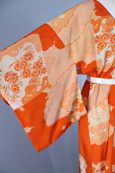 Vintage 1920s 1930s Silk Kimono Robe / Orange Fans Floral Print - ThisBlueBird
