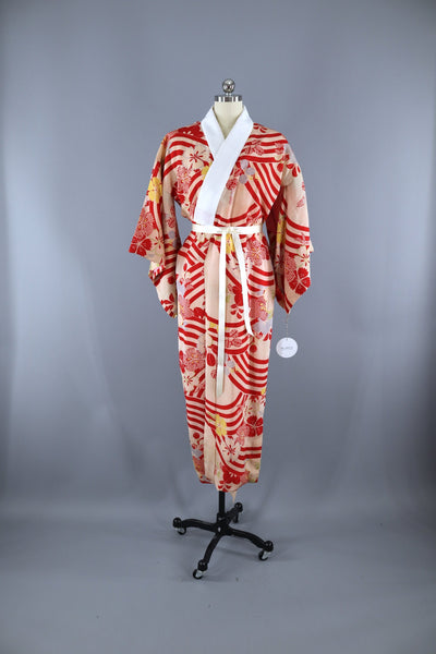 Vintage 1930s 1940s Silk Kimono Robe / Red Ivory Stripes - ThisBlueBird