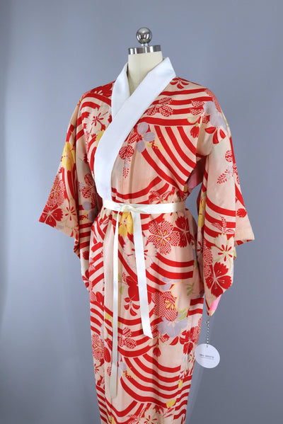 Vintage 1930s 1940s Silk Kimono Robe / Red Ivory Stripes - ThisBlueBird