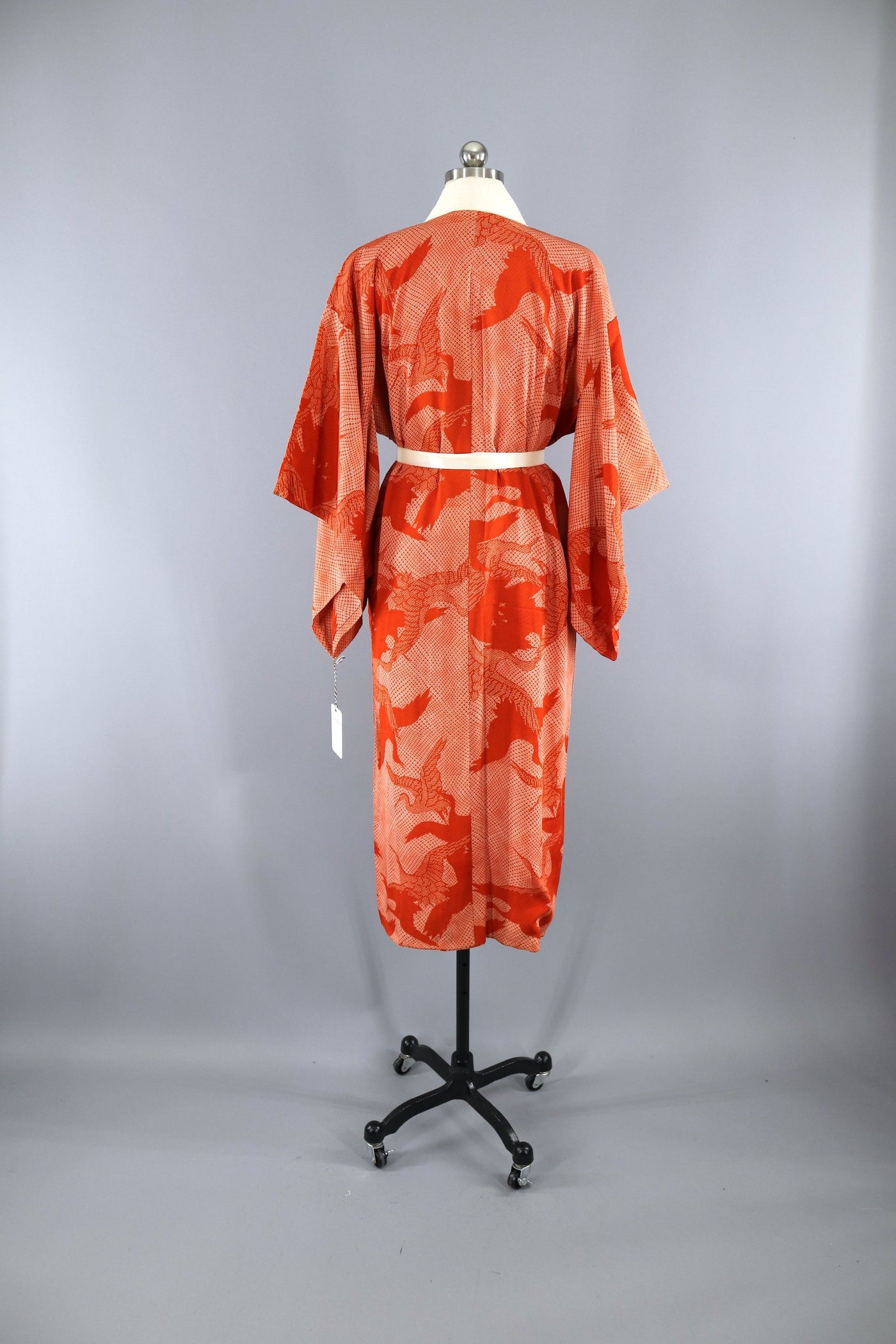 Vintage 1930s 1940s Silk Kimono Robe / Red Orange Cranes Shibori Print - ThisBlueBird