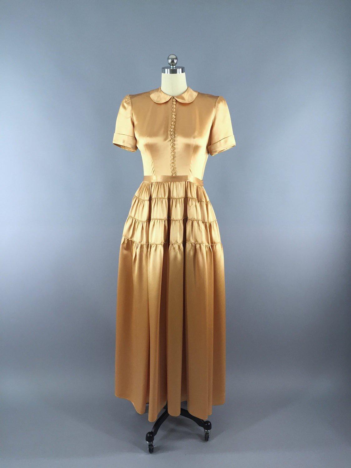 Vintage 1940s Fred Perlberg Gold Satin Gown Maxi Dress ThisBlueBird Vintage 1940s Fred Perlberg Gold Satin Gown Maxi Dress ThisBlueBird