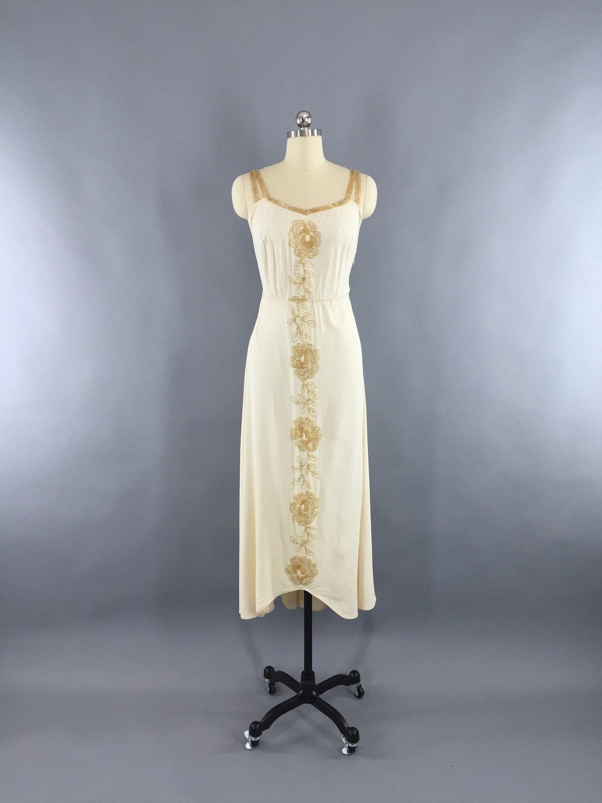 Vintage 1930s Beaded Dress / Gold & Ivory Evening Gown - ThisBlueBird
