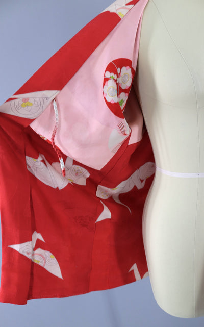 Vintage 1930s Silk Haori Kimono Jacket Cardigan / Watermelon Red Origami Cranes - ThisBlueBird