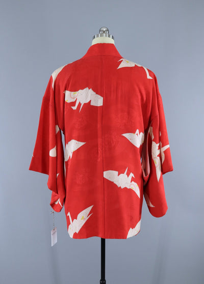Vintage 1930s Silk Haori Kimono Jacket Cardigan / Watermelon Red Origami Cranes - ThisBlueBird