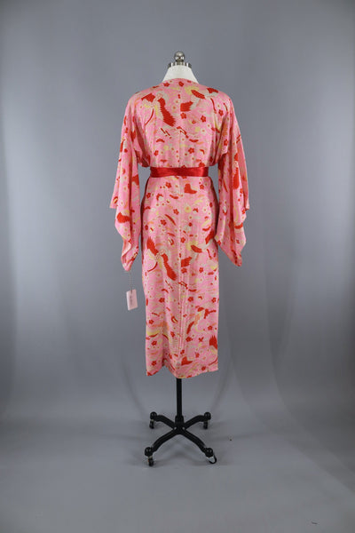 Vintage 1930s Silk Kimono Robe / Pink Origami Cranes Floral - ThisBlueBird