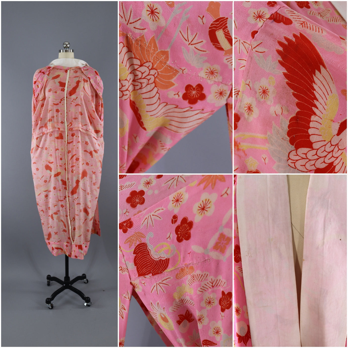 Vintage 1930s Silk Kimono Robe / Pink Origami Cranes Floral - ThisBlueBird