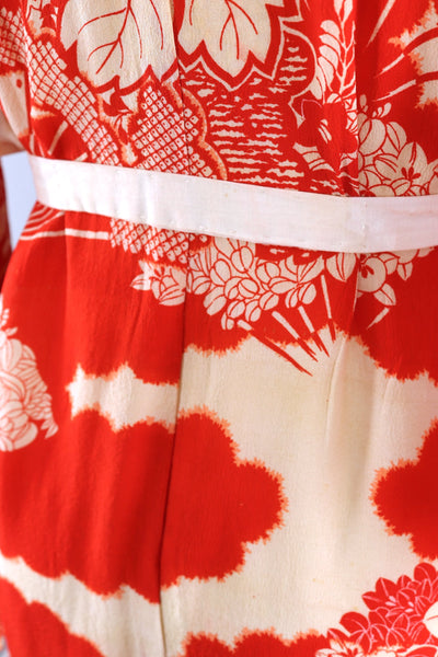 Vintage 1930s Silk Kimono Robe / Red Ivory Floral - ThisBlueBird
