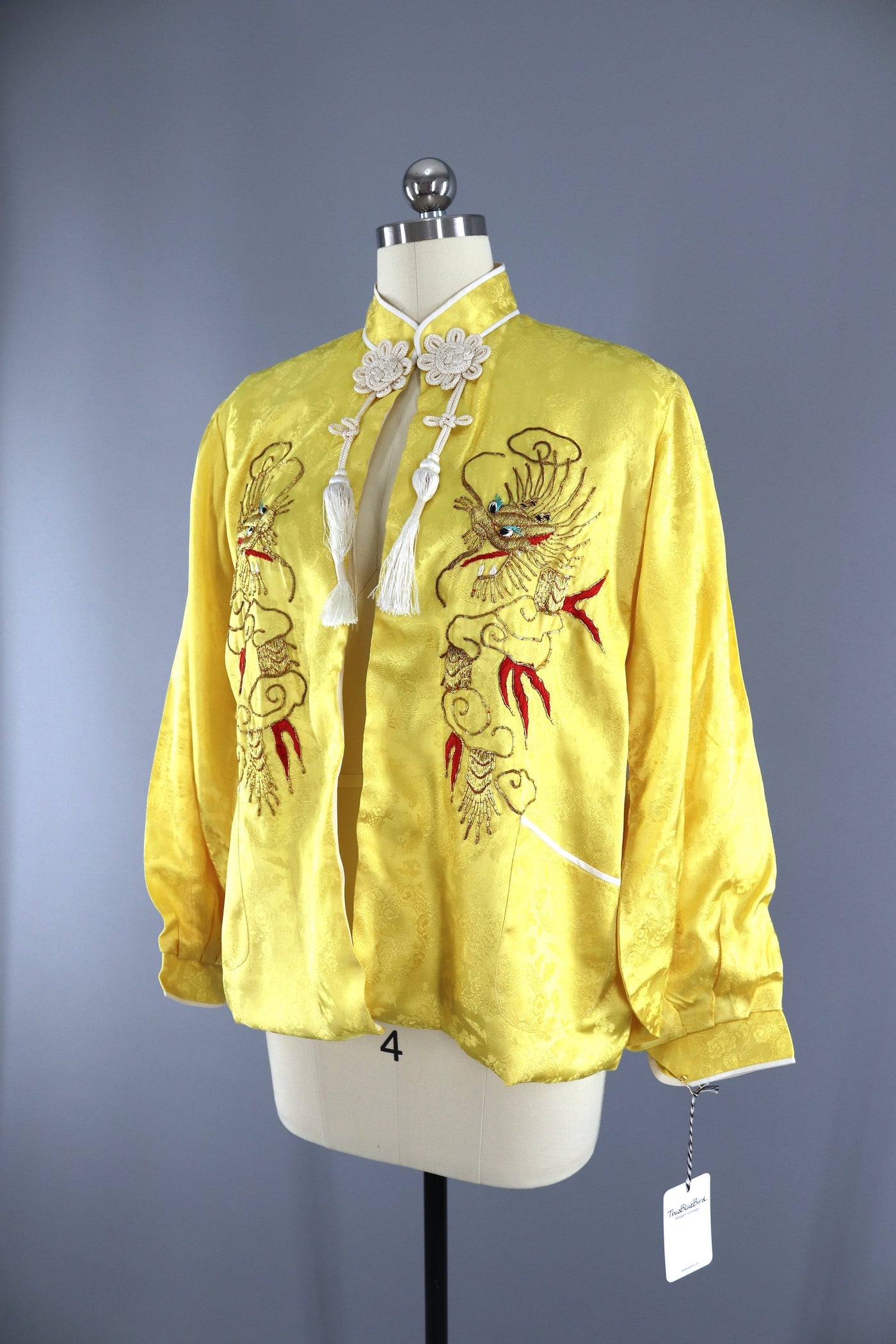 Vintage 1940s Jacket / Asian Yellow Satin Damask Coat - ThisBlueBird