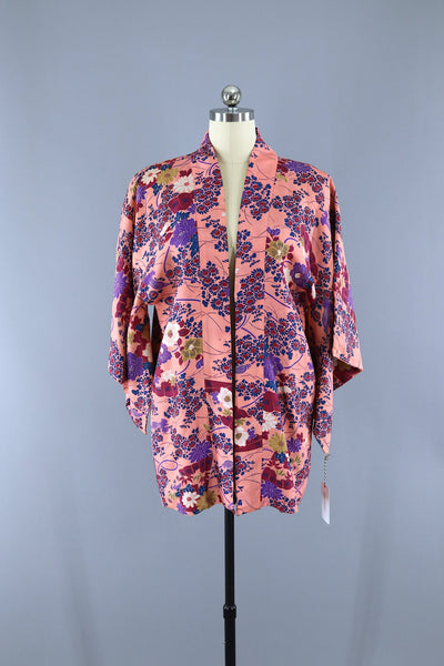 Vintage 1940s Silk Haori Kimono Jacket Cardigan / Pink Floral Print - ThisBlueBird