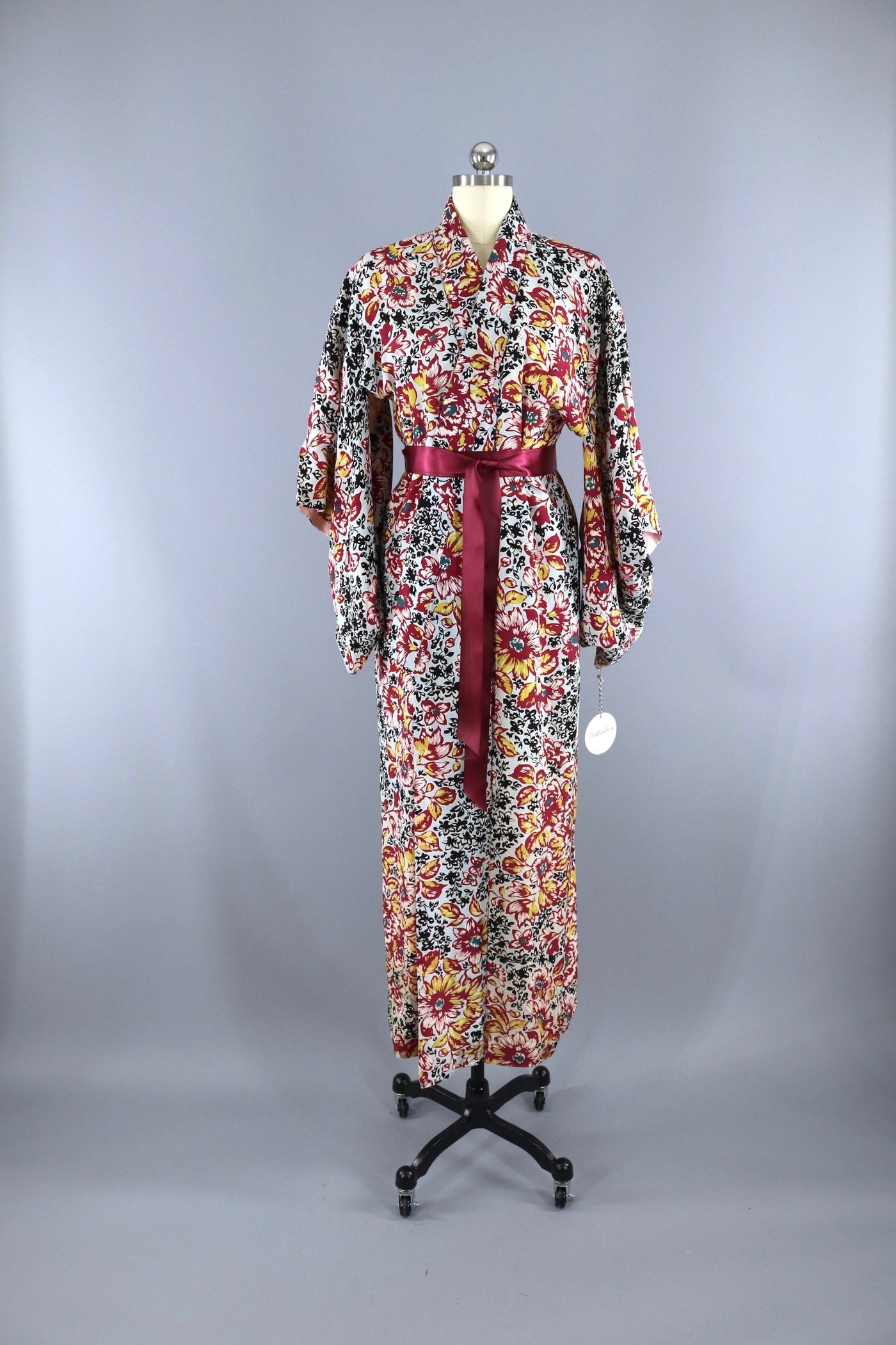 Vintage 1940s Silk Kimono Robe / Cranberry & Black Floral - ThisBlueBird