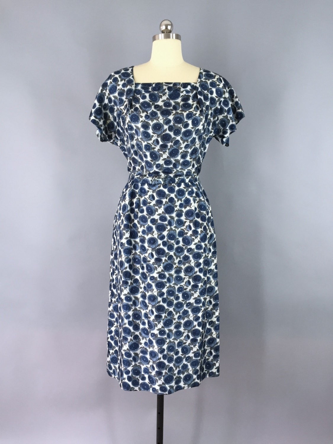 1950s Blue Dress with Floral Lace Trim
