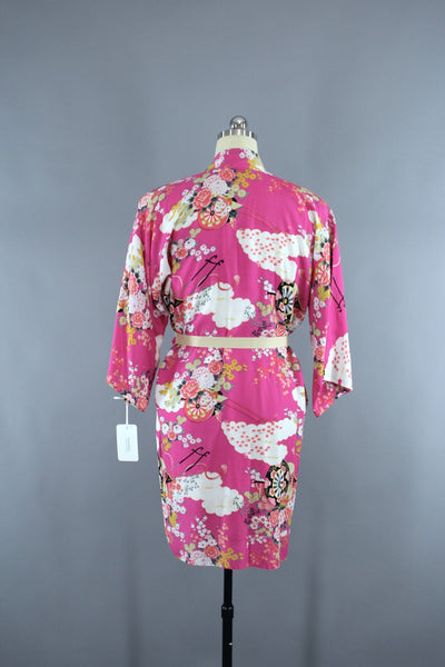 Vintage 1950s Kimono Robe with Bright Pink Asian Floral Print - ThisBlueBird