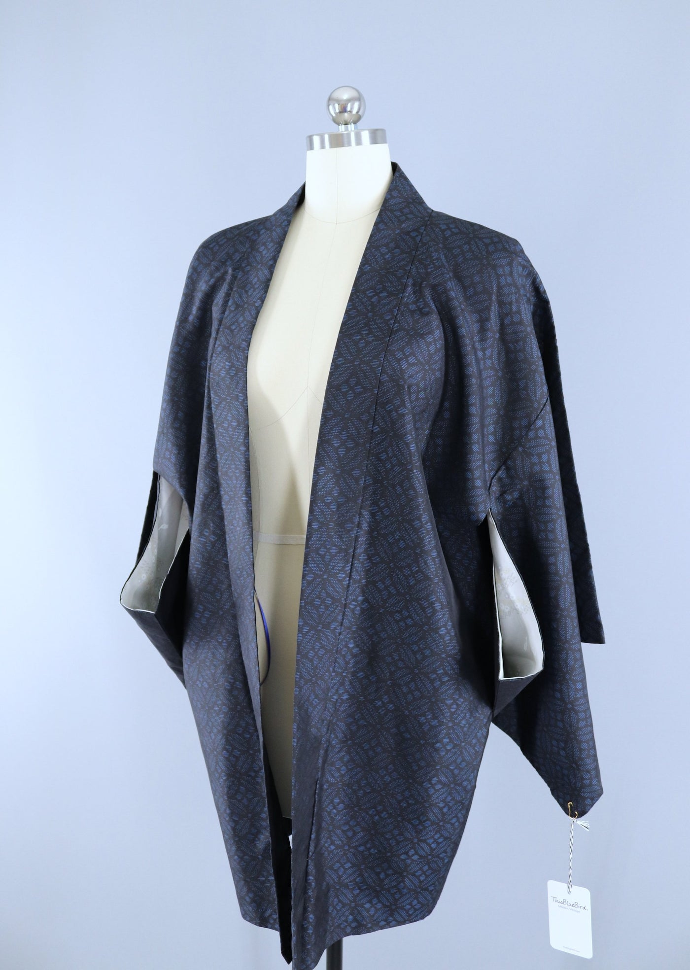 Vintage 1950s Rayon Haori Kimono Jacket Cardigan / Blue & Black IKAT - ThisBlueBird