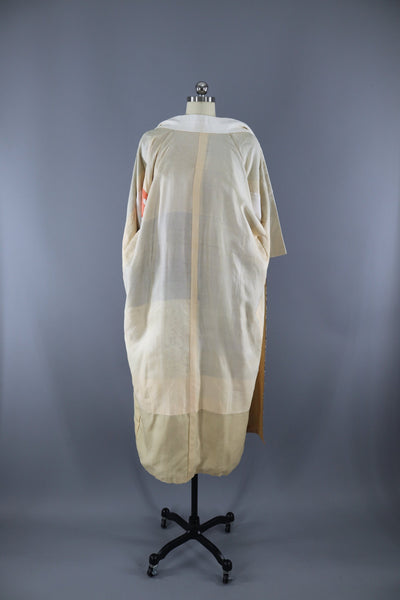 Vintage 1950s Silk Kimono Robe / Grey Tan Floral Print - ThisBlueBird