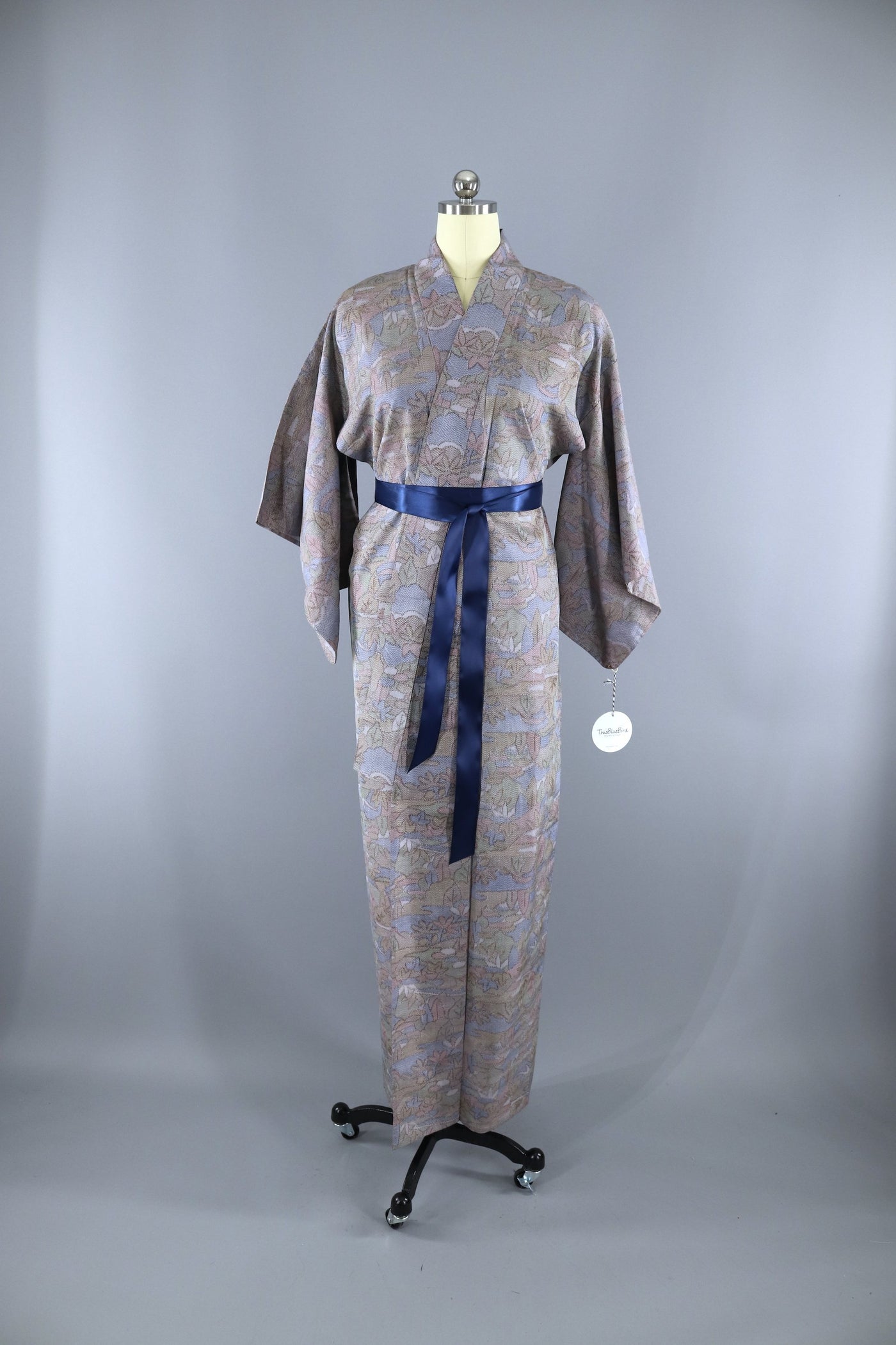 Vintage 1950s Silk Kimono Robe / Soft Blue Green Floral - ThisBlueBird
