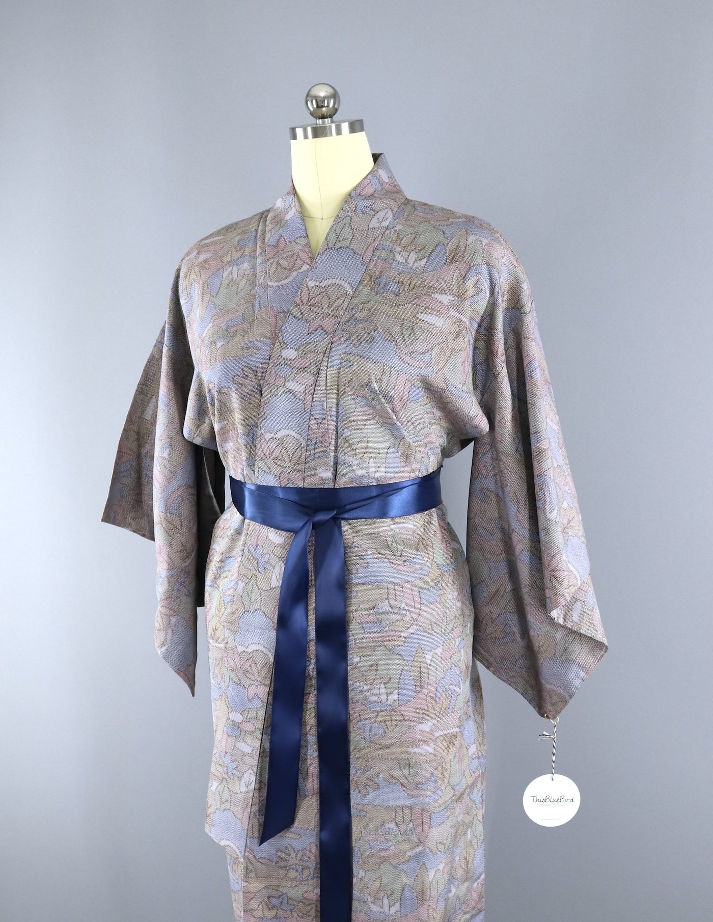 Vintage 1950s Silk Kimono Robe / Soft Blue Green Floral - ThisBlueBird