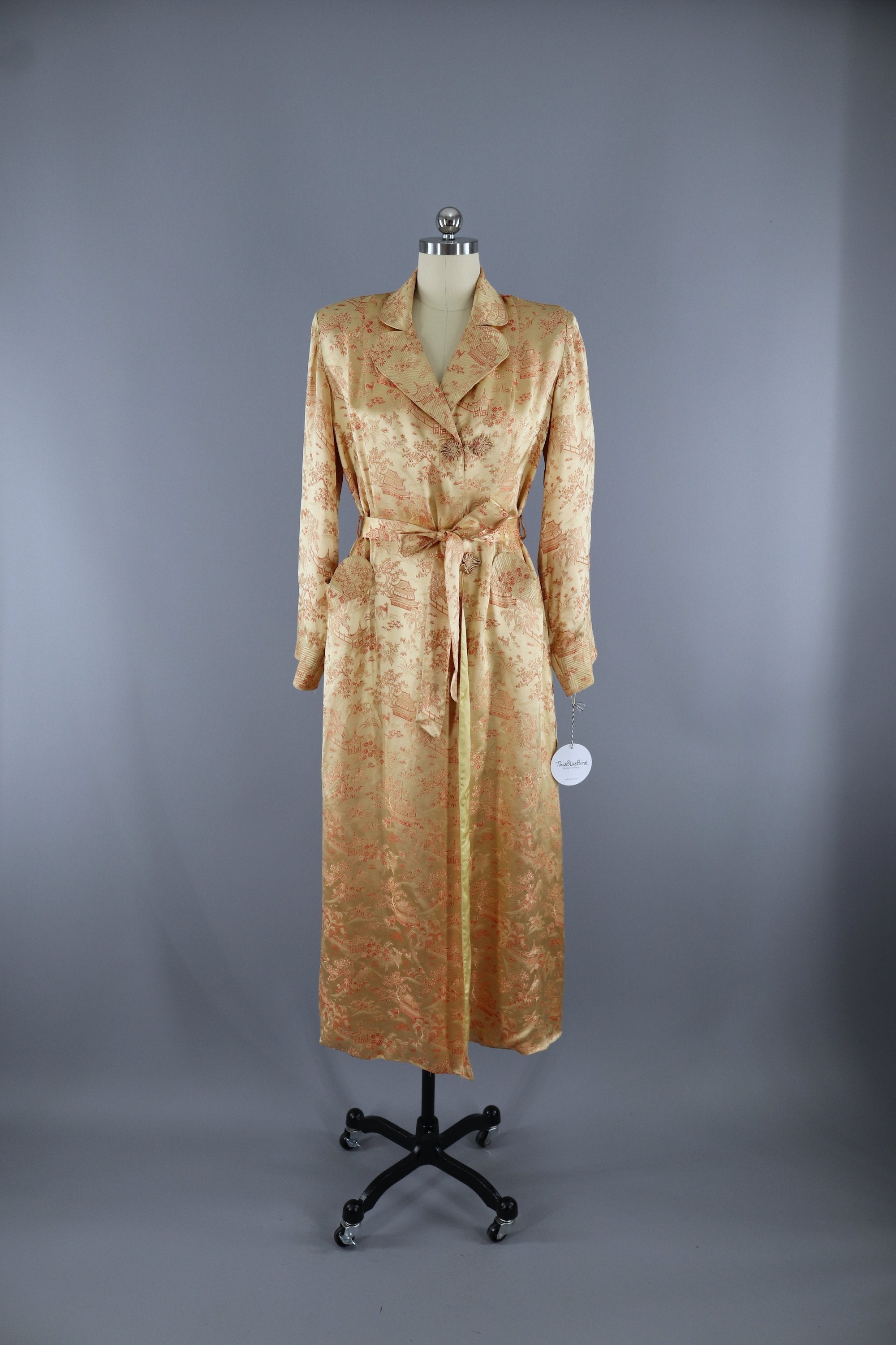 Vintage 1950s Vintage Gold Satin Robe / Chinoiserie Dressing Gown ThisBlueBird Vintage 1950s Vintage Gold Satin Robe / Chinoiserie Dressing Gown ThisBlueBird