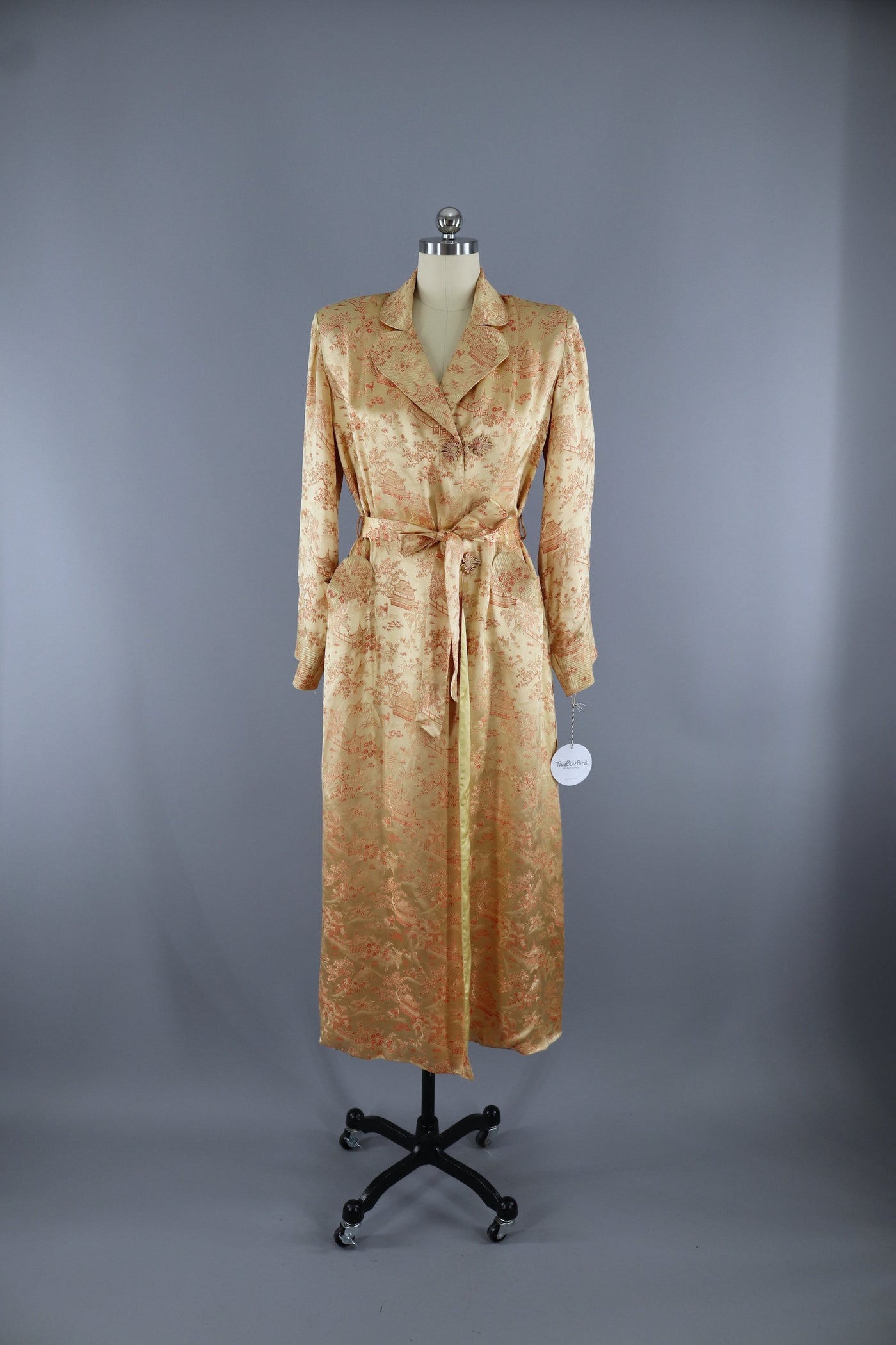 Vintage 1950s Vintage Gold Satin Robe / Chinoiserie Dressing Gown - ThisBlueBird