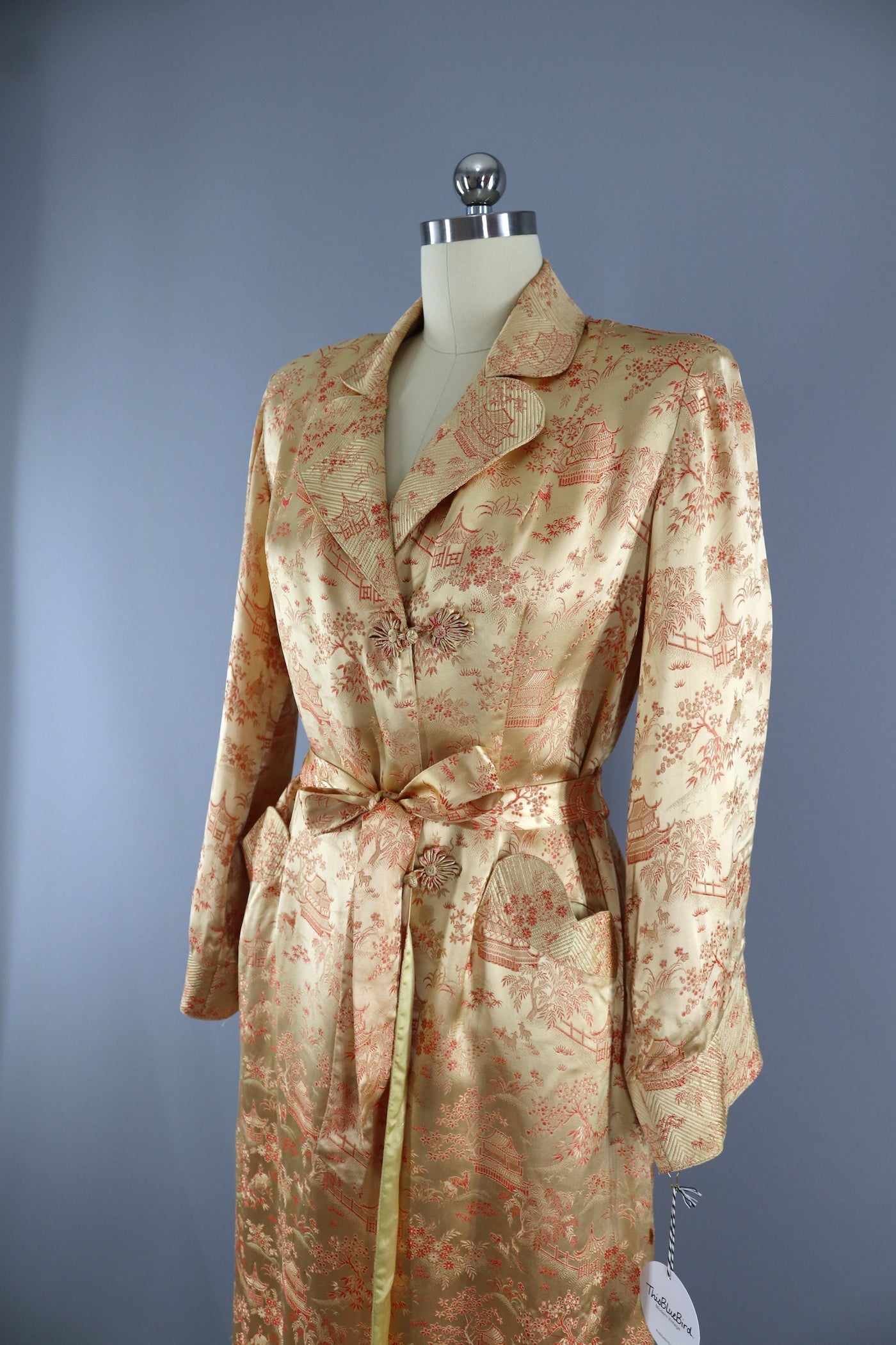 Vintage 1950s Vintage Gold Satin Robe / Chinoiserie Dressing Gown - ThisBlueBird