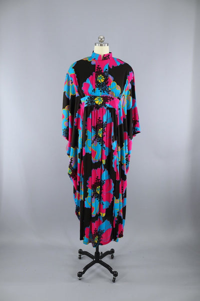 Vintage 1960s 1970s Black Floral Print Caftan Dress / Image at Home - ThisBlueBird