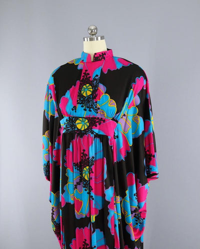 Vintage 1960s 1970s Black Floral Print Caftan Dress / Image at Home - ThisBlueBird
