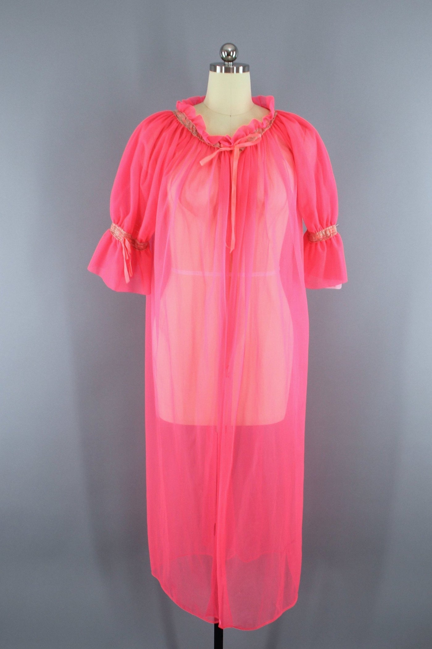 Vintage 1960s NEON Pink Chiffon Peignoir Robe - ThisBlueBird