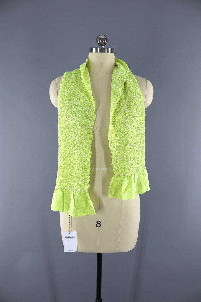 Vintage 1960s Silk Scarf / Silk Kimono Obiage / Bright Yellow Green - ThisBlueBird