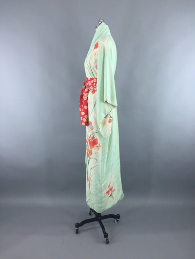 Vintage 1960s Vintage Silk Kimono Robe / Mint Green Floral - ThisBlueBird