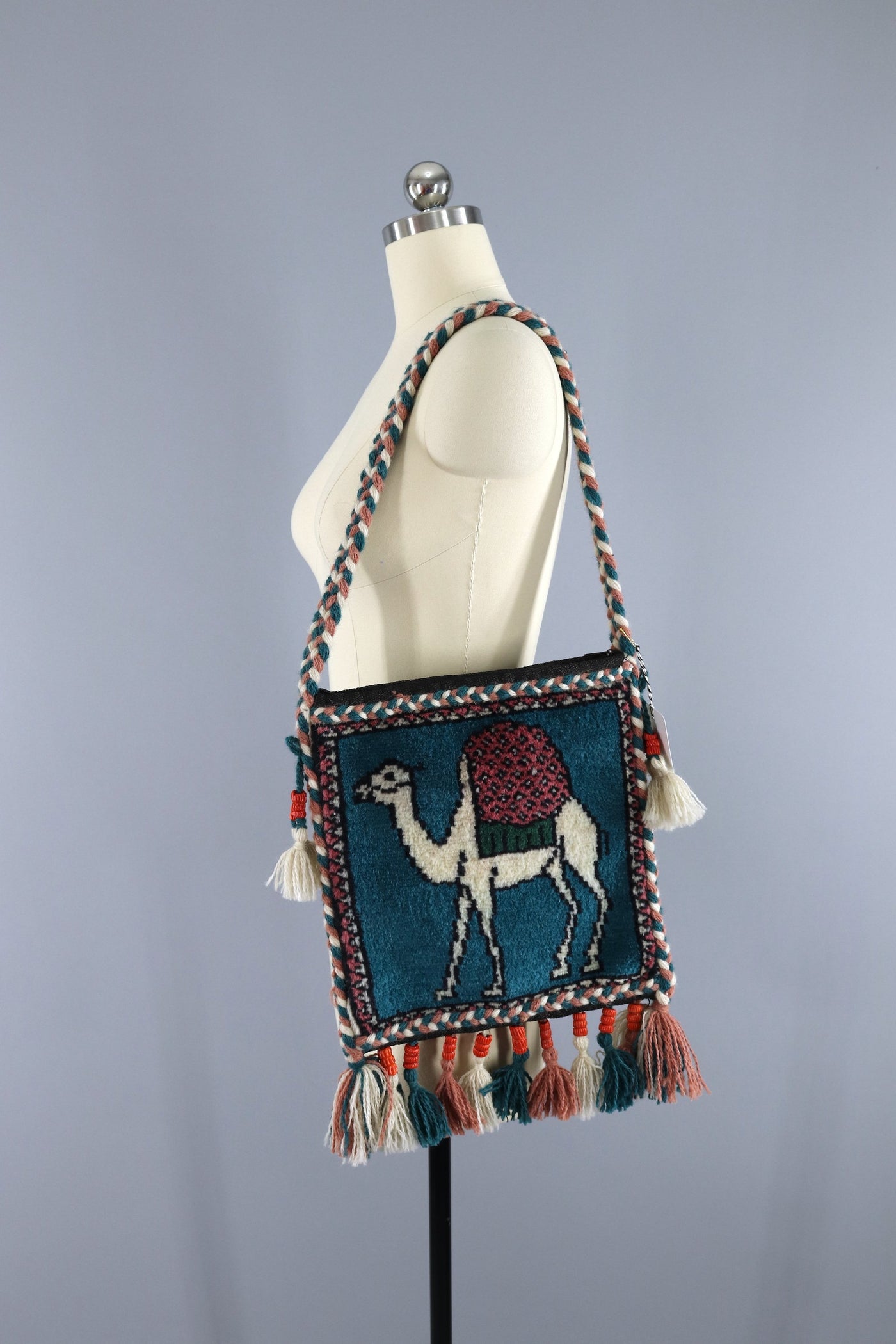 Vintage 1970s - 1980s Egyptian CAMEL Carpet Bag with Beaded Tassels - ThisBlueBird