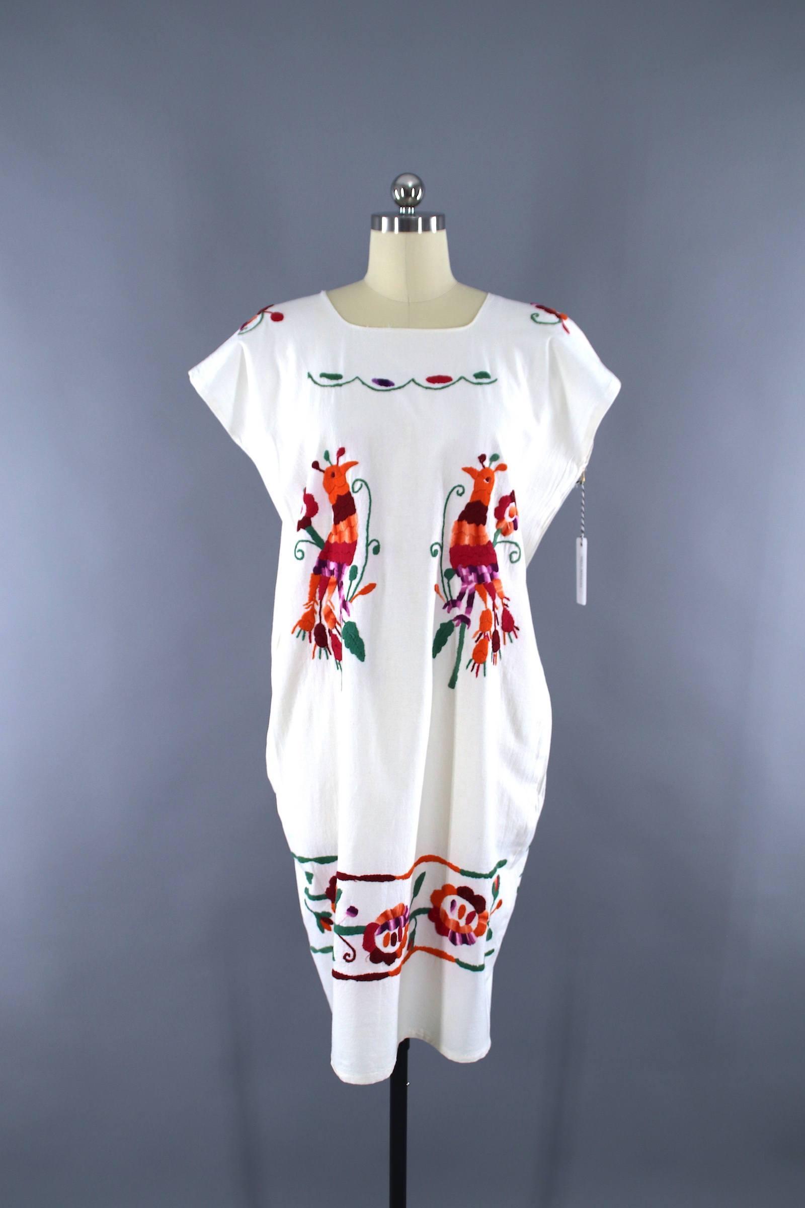 Vintage 1970s Oaxacan Mexican Embroidered Cotton Gauze Caftan Dress /   ThisBlueBird