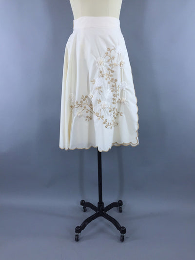 Vintage 1970s Wrap Circle Skirt with Ivory Floral Embroidery - ThisBlueBird