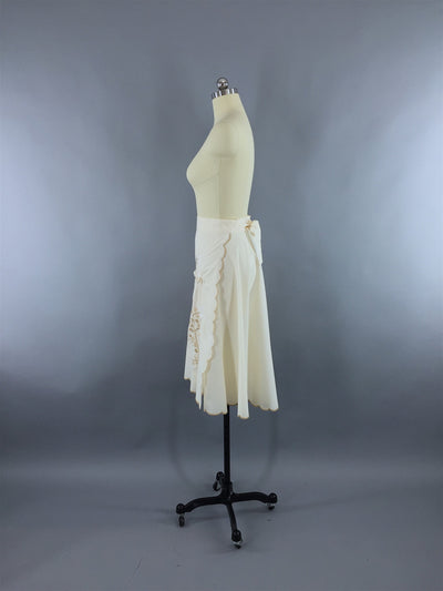 Vintage 1970s Wrap Circle Skirt with Ivory Floral Embroidery - ThisBlueBird