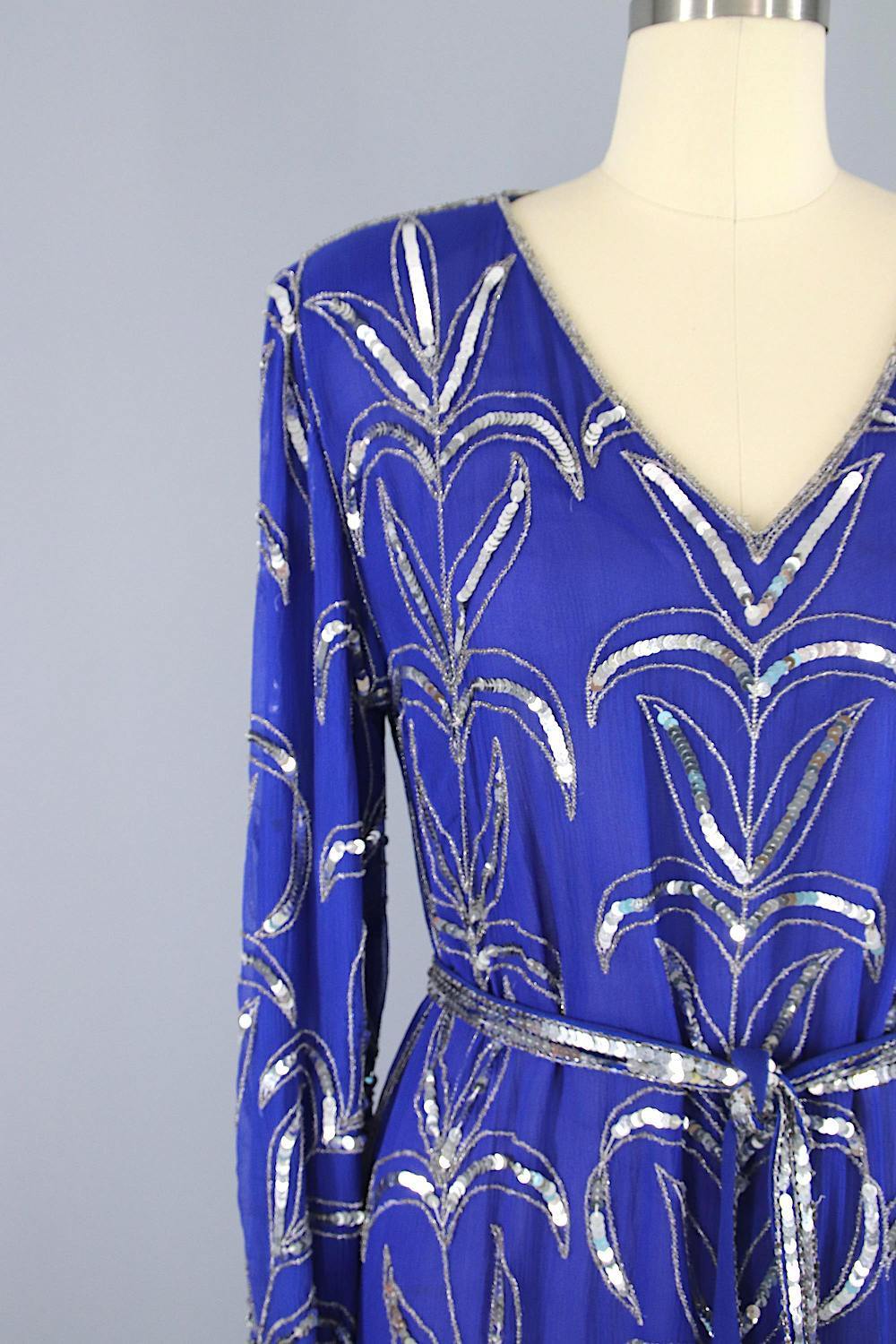 Vintage 1980s Beaded Sequined Party Dress / Blue & Silver - ThisBlueBird
