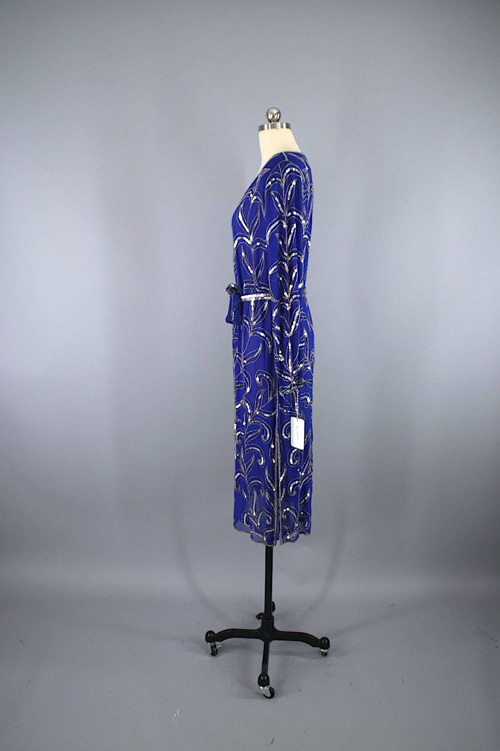Vintage 1980s Beaded Sequined Party Dress / Blue & Silver - ThisBlueBird