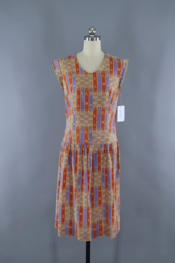 Vintage 1980s Day Dress / Orange & Purple Ikat Cotton - ThisBlueBird