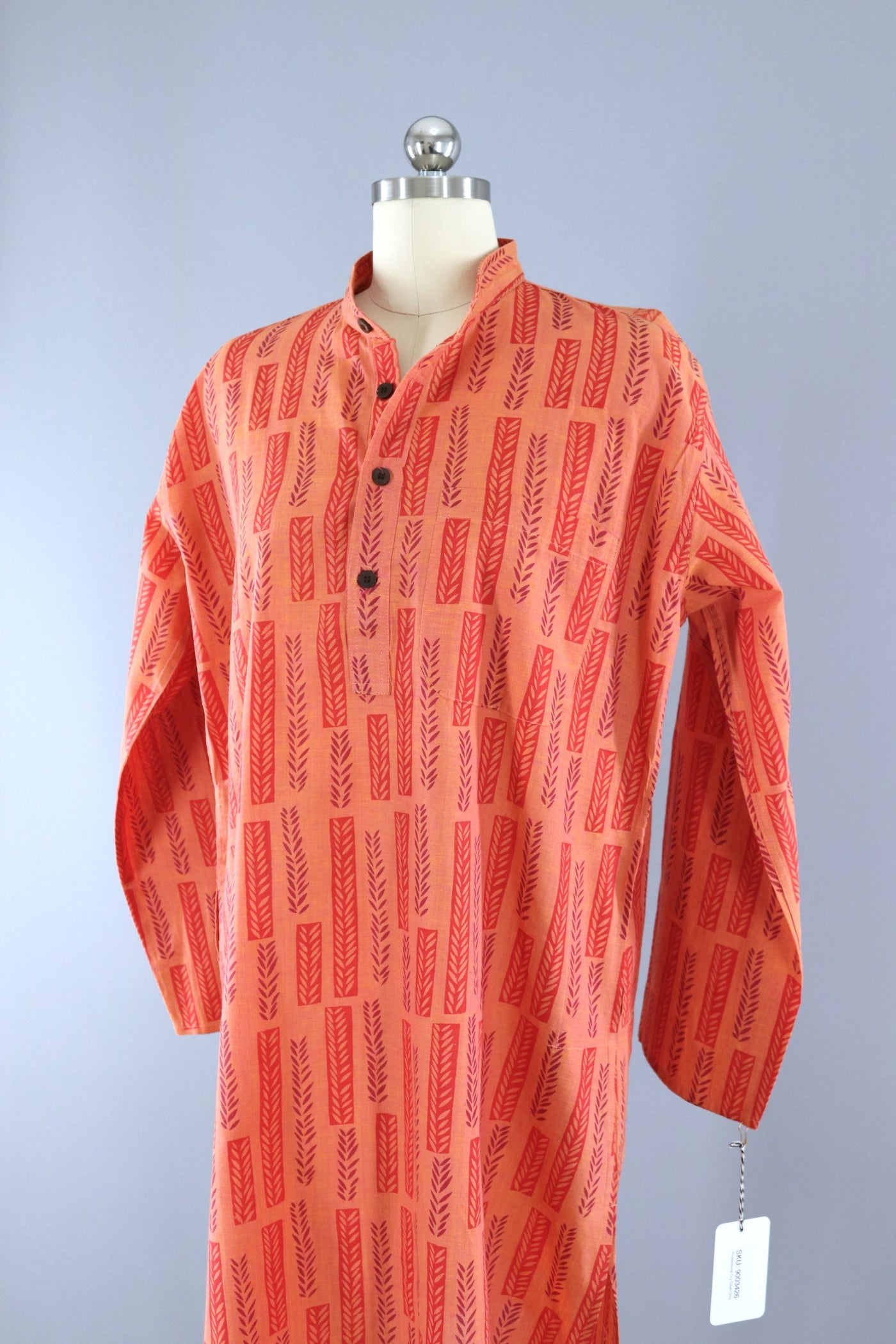 Vintage 1980s FAB INDIA Orange Block Print Cotton Tunic Dress - ThisBlueBird