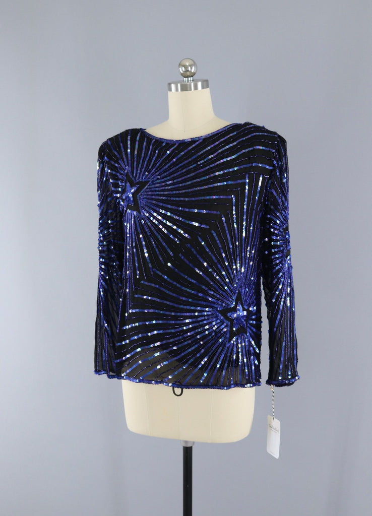 Vintage 1980s Sequined Trophy Blouse / Black and Blue Stars - ThisBlueBird