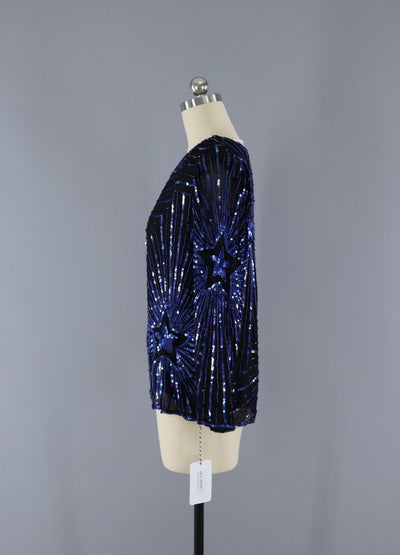 Vintage 1980s Sequined Trophy Blouse / Black and Blue Stars - ThisBlueBird