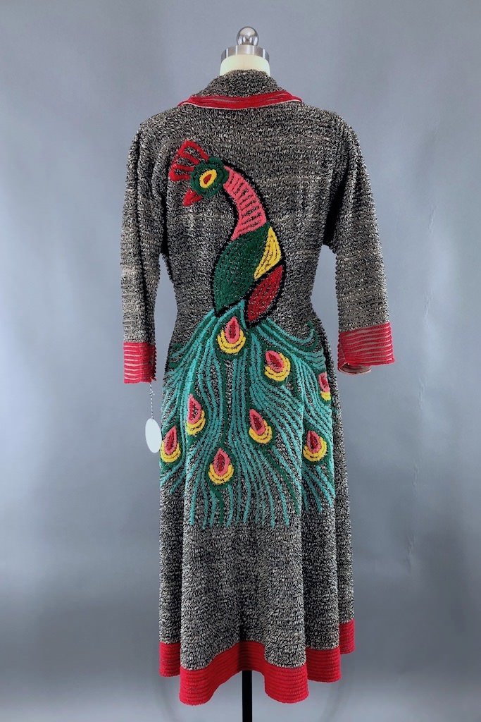 Vintage Black Chenille Peacock Bathrobe ThisBlueBird