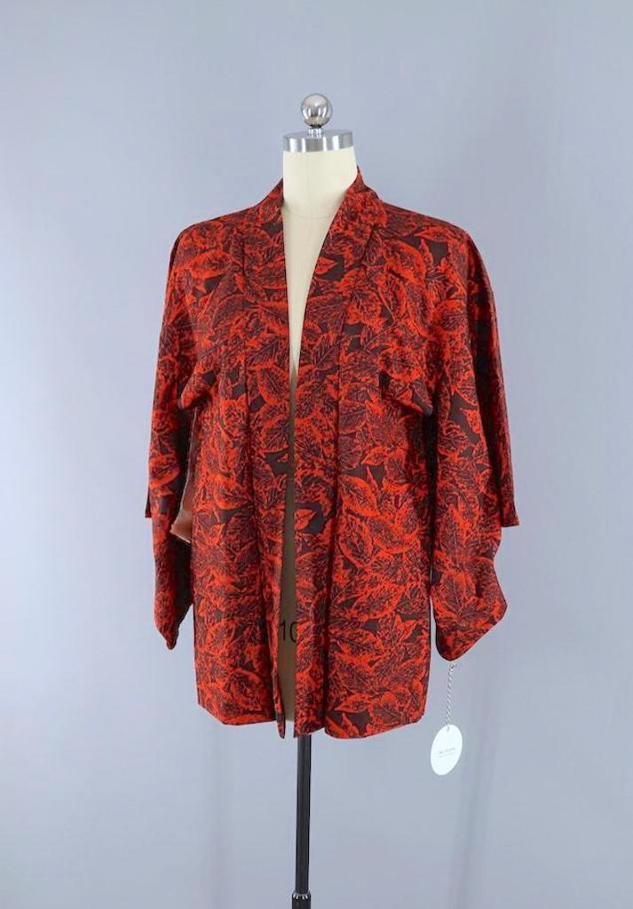 Vintage Red Leaves Kimono Cardigan-ThisBlueBird