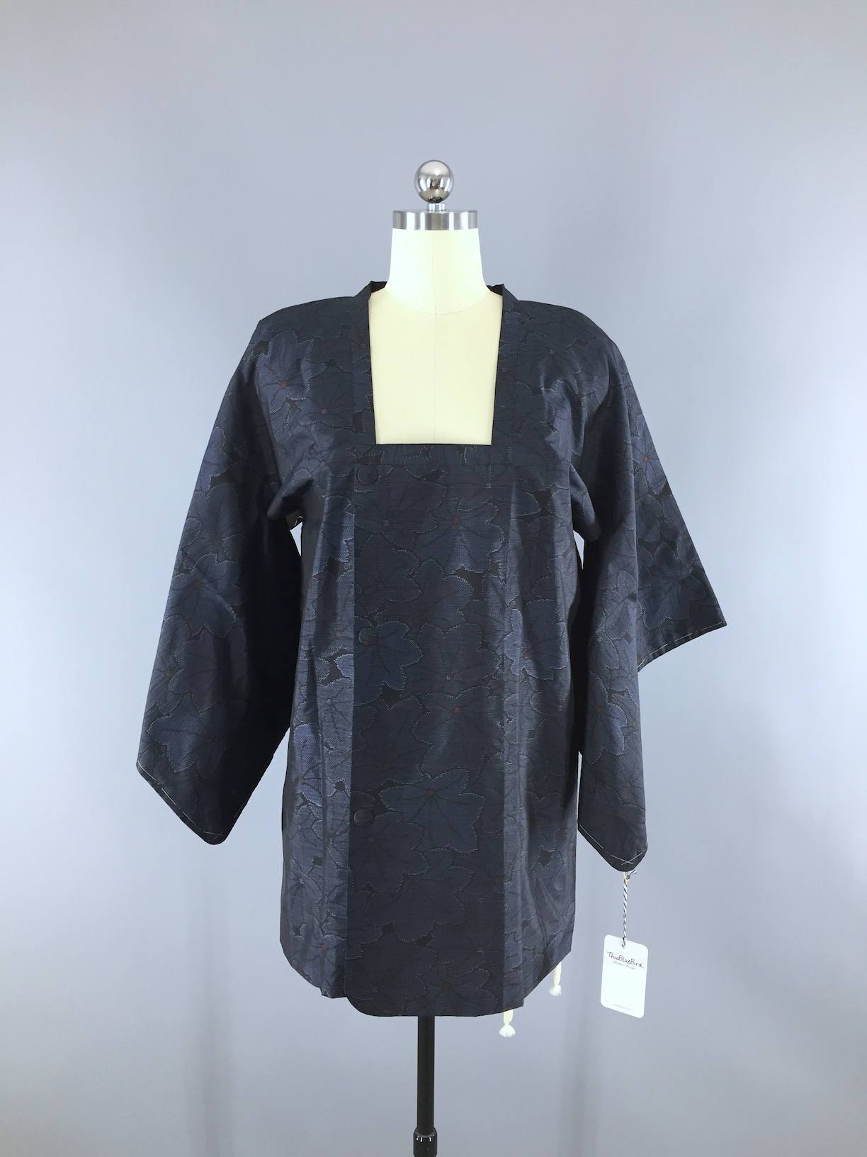 Vintage Kimono Coat Michiyuki Jacket Blue & Black Floral - ThisBlueBird