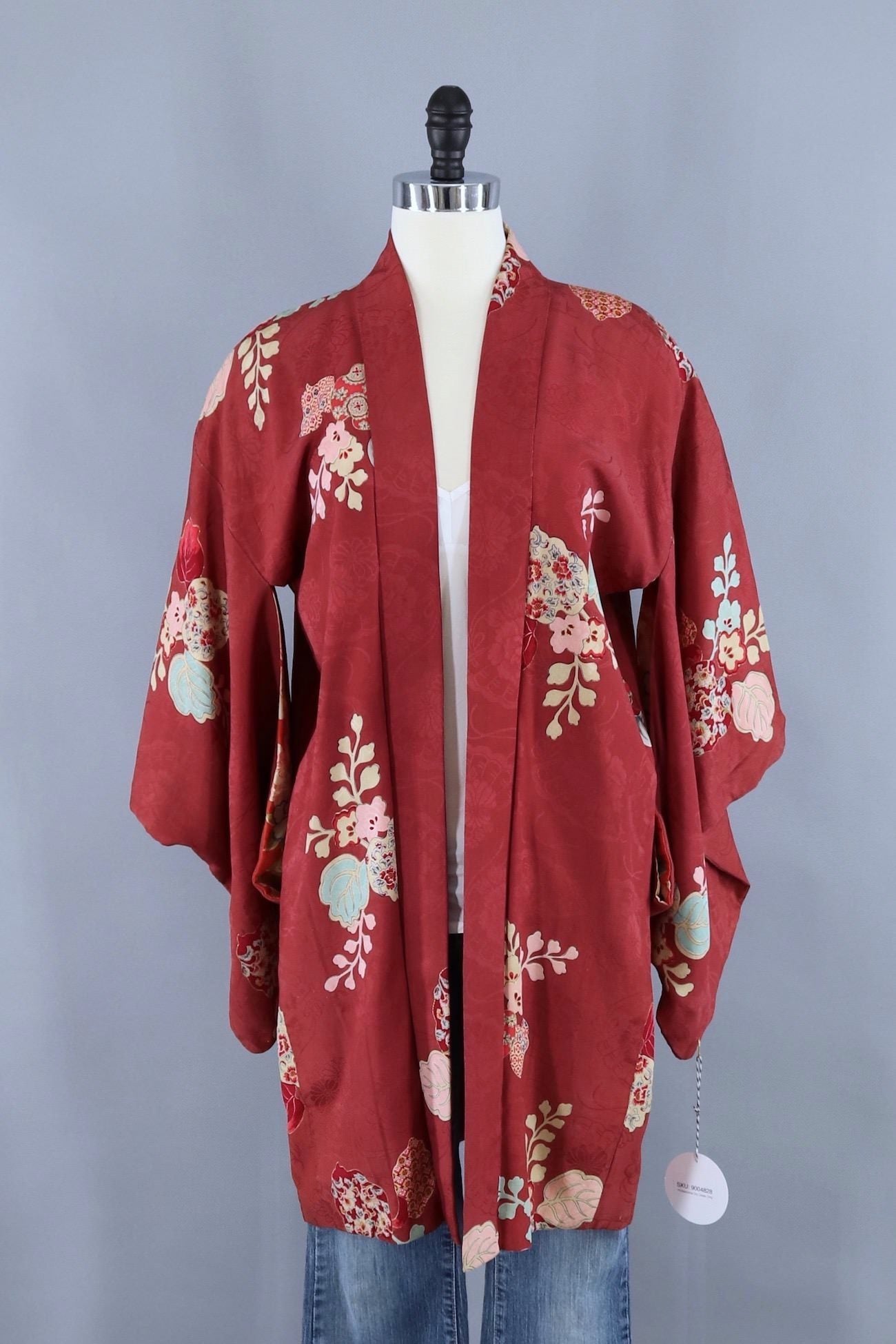 Vintage Silk Kimono Cardigan / Brick Red Floral Print ThisBlueBird — free download