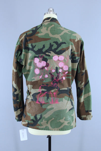 Vintage US Army Embroidered Camo Jacket / Pink Stag Deer Rose Floral Flower Crown Embroidery - ThisBlueBird