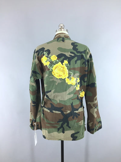 Vintage US Army Embroidered Camouflage Jacket / Yellow Floral Embroidery - ThisBlueBird